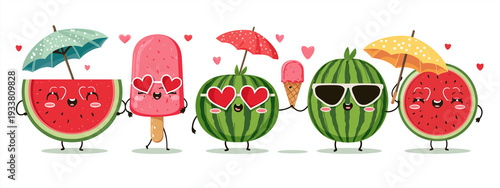 set of cute watermelons in sunglasses and summer accessories, vector illustration for icons or stickers on a white background