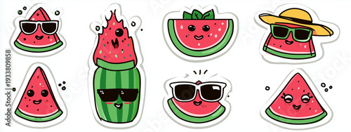 set of cute watermelons in sunglasses and summer accessories, vector illustration for icons or stickers on a white background