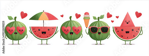 set of cute watermelons in sunglasses and summer accessories, vector illustration for icons or stickers on a white background