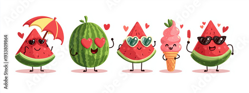 set of cute watermelons in sunglasses and summer accessories, vector illustration for icons or stickers on a white background
