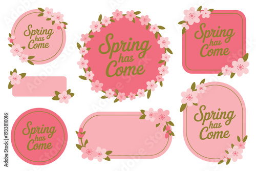 Spring has come stickers with floral design and pink background
