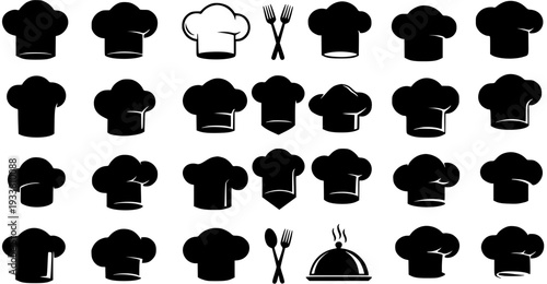 Culinary Art: Assorted Black  White Chef Hats, Forks  Spoon, and Food Cover Icons Vector Illustration
