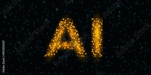 A glowing AI logo made of small yellow lights against a dark starry night sky background