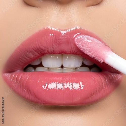 A close-up of a woman's lips applying pink lip gloss