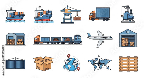 Collection of various transportation and logistics icons.