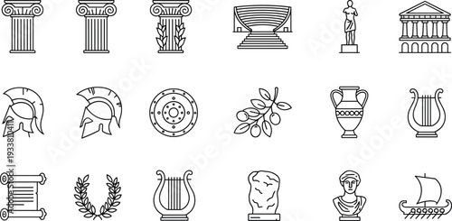 Ancient Greek Line Icon Collection with Temple Column Spartan Helmet Laurel Wreath Lyre Statue and Classical Architecture Symbols Vector Illustration