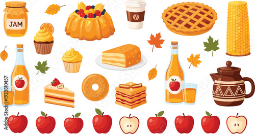 Autumn Bakery and Harvest Food Set with Apple Desserts, Pie, Cake, Jam, Juice, Honey and Cozy Fall Season Elements Vector Illustration