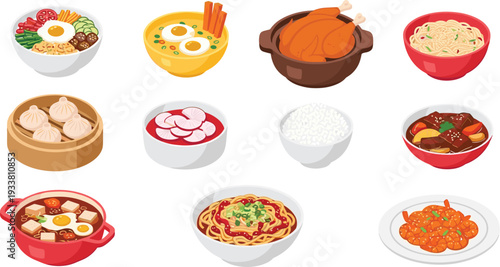 Asian Cuisine Food Set with Ramen, Dumplings, Rice, Soup, Noodles and Traditional Chinese Dishes Colorful Flat Vector Illustration