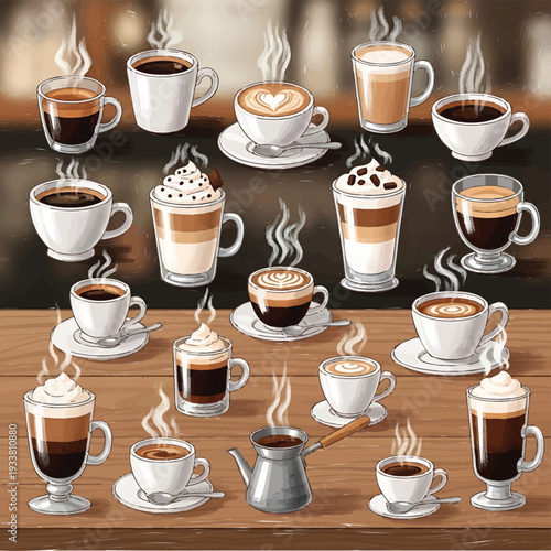 A collection of steaming coffee cups arranged on a wooden table in a cafe setting viewed from directly above