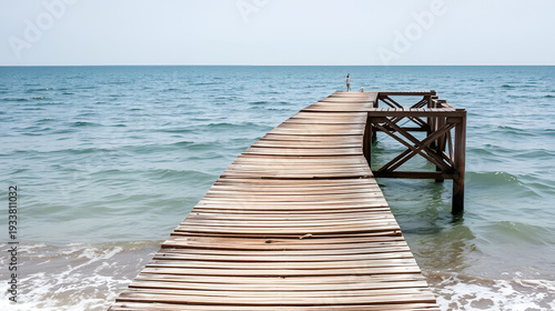 A weathered pier extends into the tranquil sea, creating a sense of serenity and timelessness