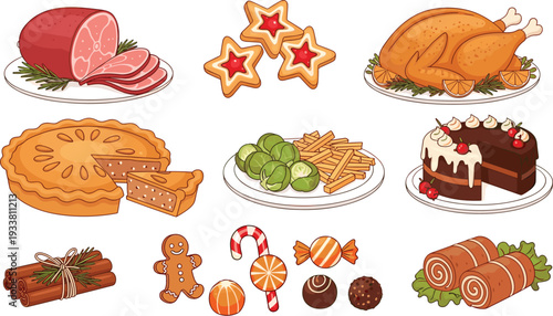 Christmas Dinner and Holiday Food Vector Set with Roast Turkey, Ham, Pie, Cake, Gingerbread, Candy and Festive Desserts