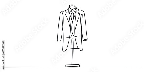 Minimalist continuous line art illustration of a formal business suit on a tailor dummy.