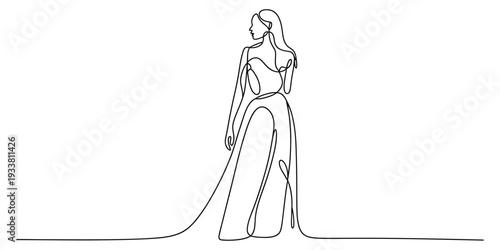 Continuous one line drawing of a beautiful woman in a long elegant dress standing gracefully
