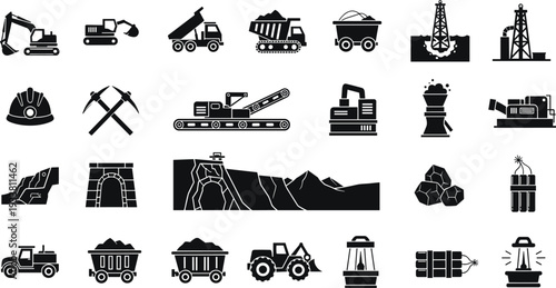 Mining Industry Silhouette Icon Collection with Excavator Dump Truck Drill Rig Coal Mine Tunnel and Heavy Machinery Vector Illustration