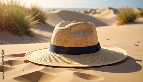 Wallpaper Mural A sun hat rests on sun-kissed sand dunes with sparse greenery and the ocean visible in the background Torontodigital.ca