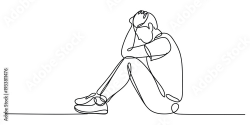Continuous line drawing of a man sitting on the floor feeling sad and depressed