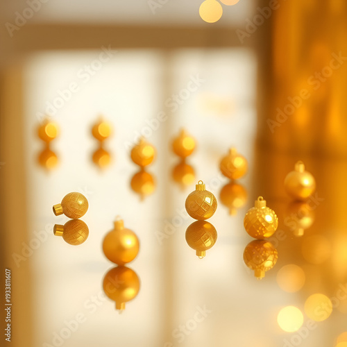 Small golden ornaments arranged on a golden reflective surface