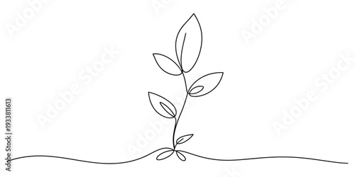 Continuous line drawing of a small sprout growing from the ground representing growth and nature