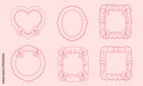 Set of cute pink coquette frames with bows and frills for decorative design elements.