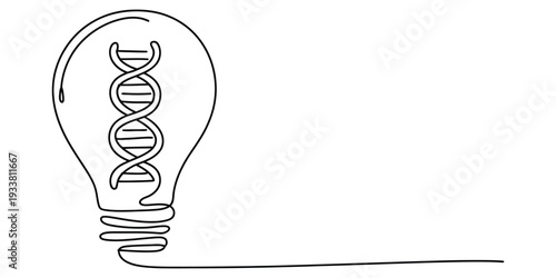 Continuous line drawing of a light bulb with a dna double helix inside representing innovation.