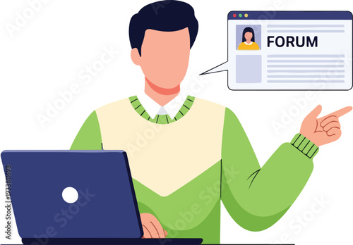 Faceless man directing to a forum page on his computer screen. Perfect for website design, online communication, social media concepts.