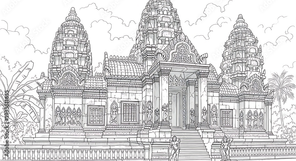 Obraz premium Detailed black and white sketch of an ancient Southeast Asian temple with intricate carvings, a prominent mythical face above the entrance, and lush jungle foliage.