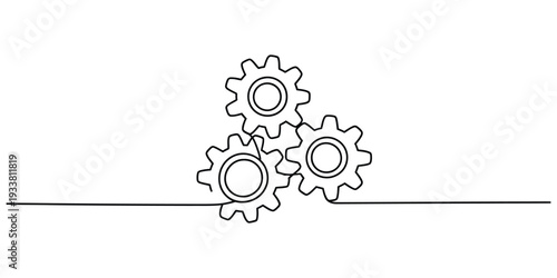 Continuous line drawing of three interlocking gear wheels symbolizing teamwork and cooperation.