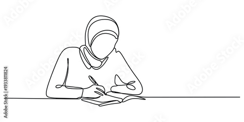 Single line drawing of a muslim woman wearing a hijab writing in a notebook at a desk
