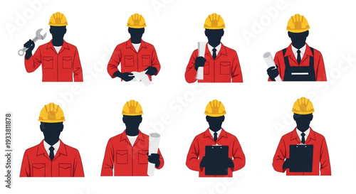 Construction Worker Silhouettes Holding Tools and Blueprints.