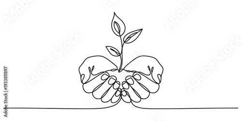 Continuous line drawing of human hands cupping a growing plant sprout with leaves