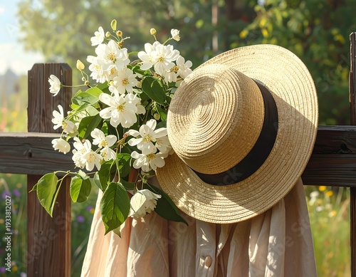 Wallpaper Mural A sun hat and flower bouquet rest upon a wooden fence, with soft clothing draped below. A vibrant, sunlit garden forms the backdrop Torontodigital.ca
