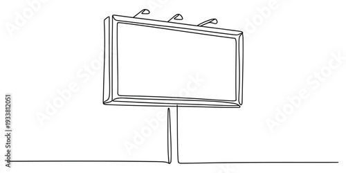 Minimalist continuous line drawing of a blank billboard with top lighting on a white background