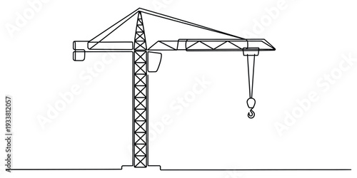 Black and white line drawing of a construction tower crane standing on a flat ground line.