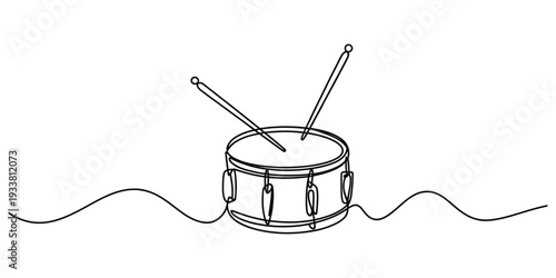 Continuous one line drawing of a snare drum with two drumsticks on a white background.