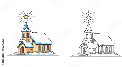 Snowy Winter Church Vector Illustration with Christmas Star. Colorful Flat Design and Black and White Line Art Outline for Coloring Book.