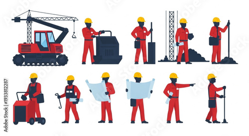 Construction Workers and Equipment Set.