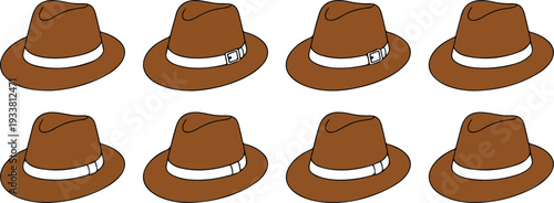 Set of Brown Fedora Hats in Different Styles Featuring Classic and Modern Designs in Flat Vector Illustration