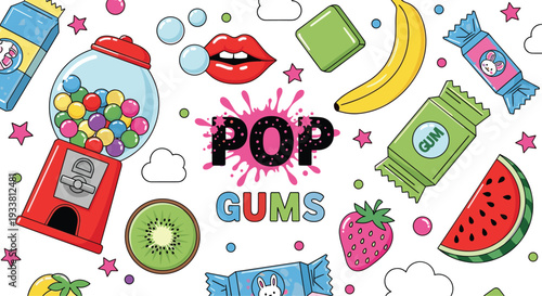 Colorful Pop Art Candy Collection with Gumball Machine, Lollipops, Gummies, Fruits, Lips and Sweet Dessert Elements in Cartoon Vector Style