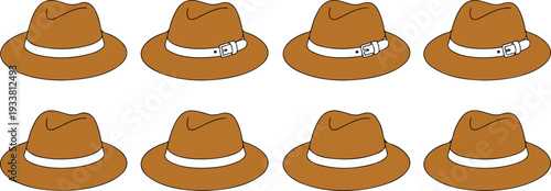 Set of Brown Fedora Hats in Different Styles Featuring Classic and Modern Designs in Flat Vector Illustration