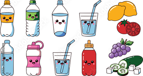 Cute Kawaii Water and Beverage Line Art Illustration Set with Bottles Glasses Fruits Ice Cubes and Drink Characters