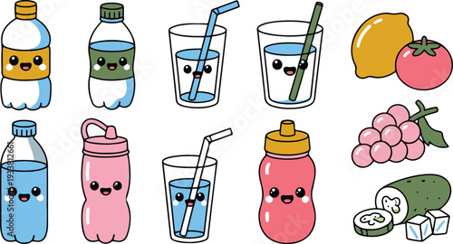 Cute Kawaii Water and Beverage Line Art Illustration Set with Bottles Glasses Fruits Ice Cubes and Drink Characters