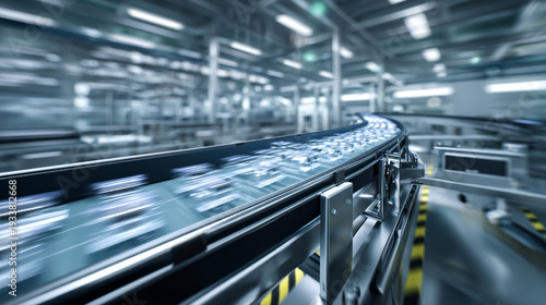 An automated conveyor belt system in a modern industrial factory