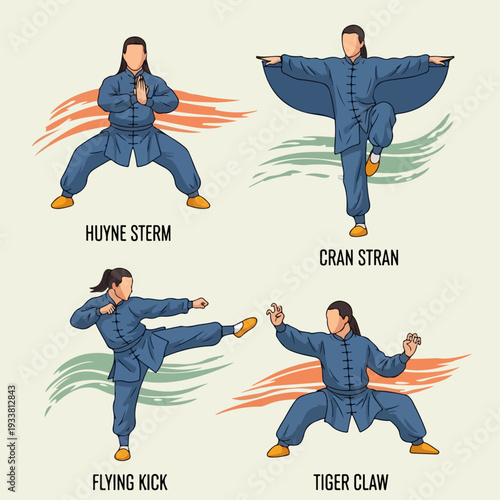 cartoon illustration of kung fu martial arts movements