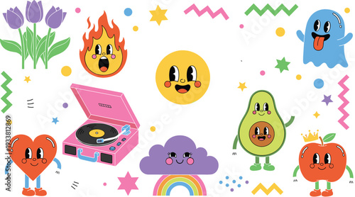 Cute Kawaii Cartoon Character Vector Set with Smiling Avocado, Peach, Heart, Ghost, Rainbow, Vinyl Player and Fun Emoji Faces