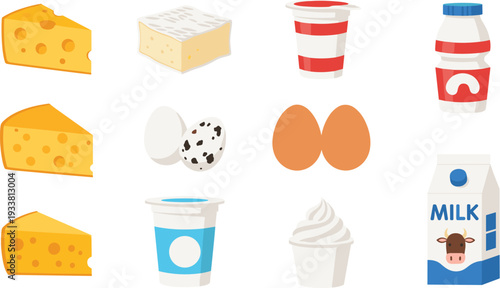 Dairy Products Collection with Cheese Slices, Yogurt Cups, Milk Bottle, Eggs and Cream Isolated Flat Cartoon Vector Illustration Set