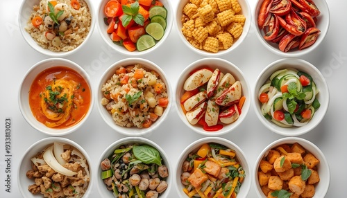 A variety of delicious and healthy meals served in small white bowls on a clean white surface