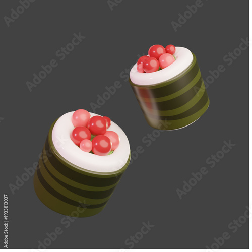 Two realistic 3D rendered sushi rolls, featuring vibrant red caviar and green seaweed wraps, floating against a dark gray background, perfect for modern food design.