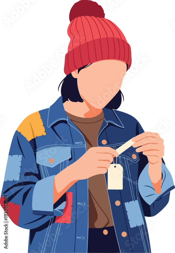 Woman in a beanie holds a tag on a denim jacket. Fashion, clothing, style, winter, hipster, trendy, youth, urban, accessories, casual.