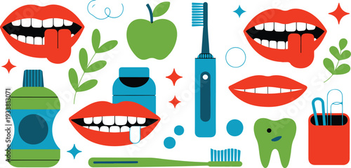 Dental Care Line Art Vector Illustration Set with Toothbrush Toothpaste Floss and Oral Hygiene Icons
