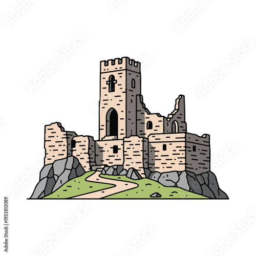 Ancient stone castle ruins on a rocky hill with grass, viewed from the front